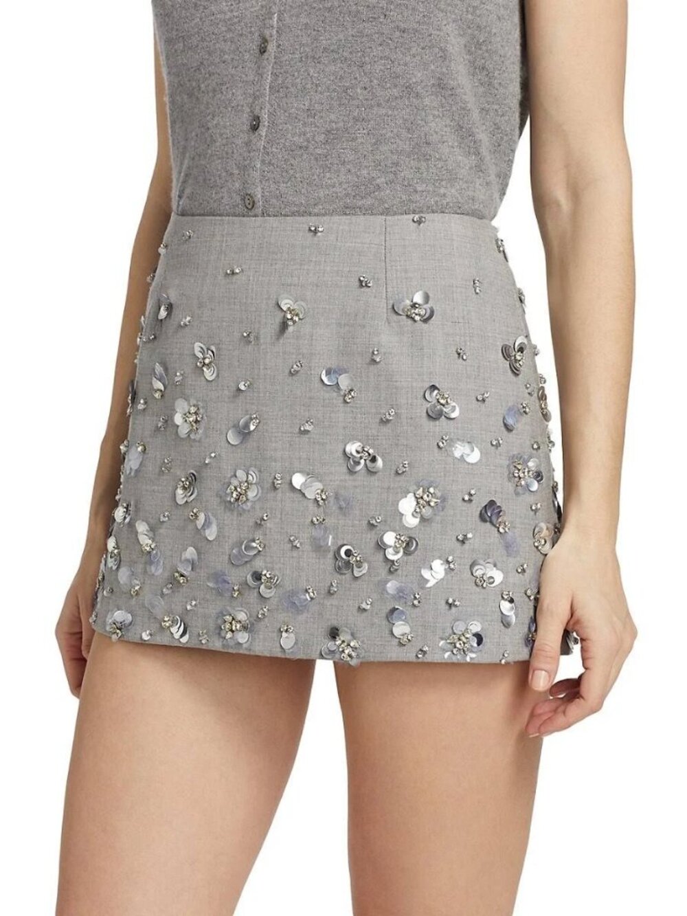 SIMKHAI Larissa Embellished Wool Mini Skirt – Heather Grey NWT
